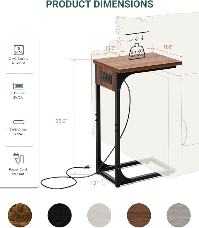 C-Shaped Side Table for Couch - Small Coffee Stand Sofa Tray Desk with Metal Frame Waterproof Scratch Resistant Wood Top and Built-in Charging Station, Rustic Walnut