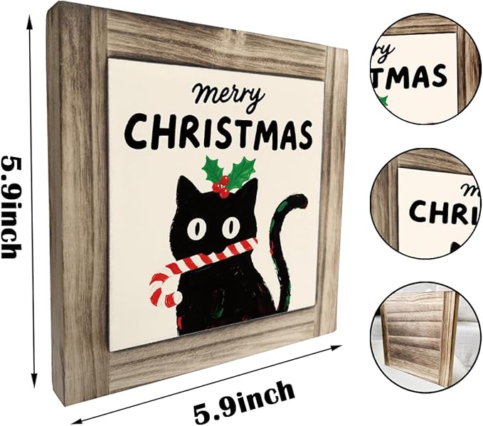 Merry Christmas Wood Sign, Funny Cat Decor, Decorative Sign Table Decor, Farmhouse Home Decors, Shelves Decoration, Desk Decors Art, Merry Christmas Gift for Cat Lover