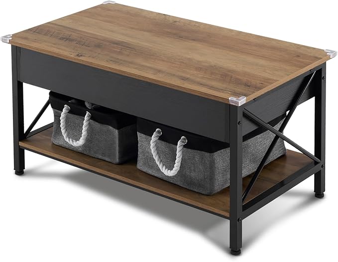VINGLI 36" Lift Top Coffee Table with Free Cloth Storage Bins, Rustic Framhouse Black Coffee Tables for Living Room, Small Modern Coffee Table for Small Space in Minimalistic Style, Black