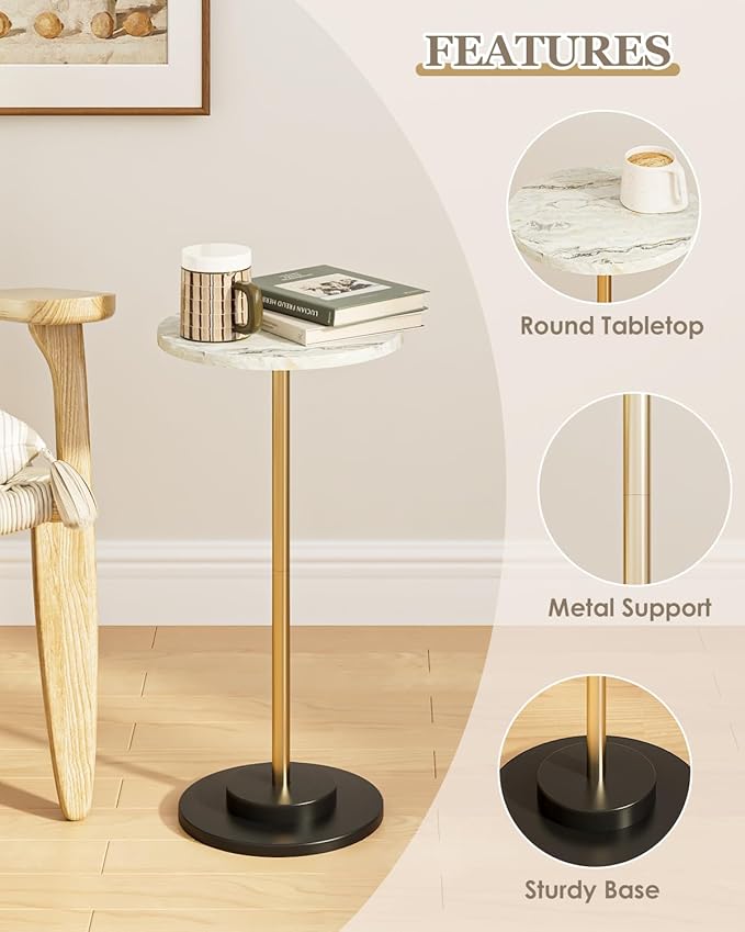 Round Side Table, Small Drink Table for Small Spaces, Modern Accent End Table with Metal Leg for Living Room, Bedroom, Corners, and Office (Marble)