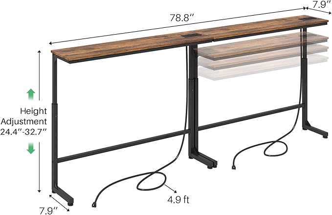 Kitstorack 2-Pack Rustic Brown Console Table, 7.9" Deep Panel, Adjustable Height (25"-33") & Built-in Power Outlets, Behind Sofa Couch, Includes 4.9' Power Cord - 79" L