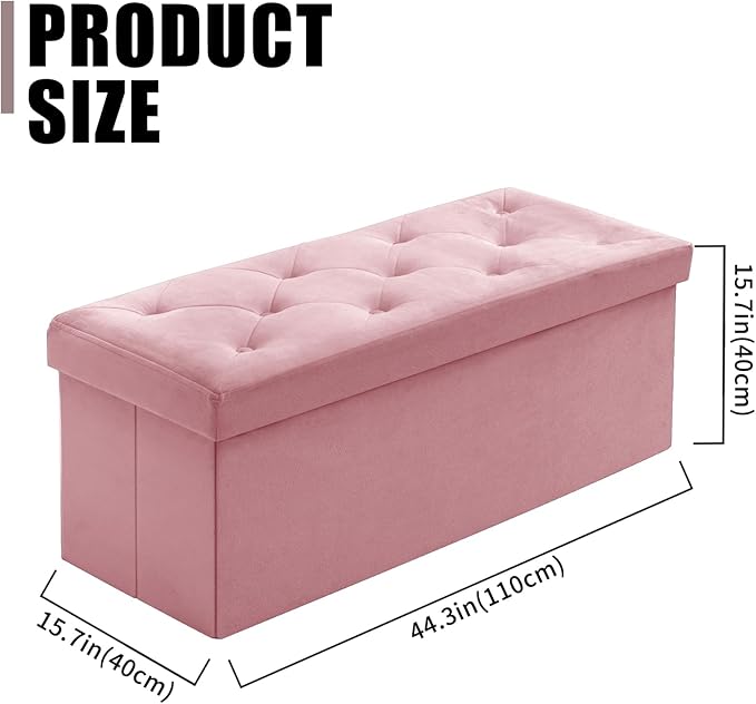 BRIAN & DANY 43 Inches Folding Storage Ottoman Bench, Velvet Ottoman with Storage for Living Room, Long Shoes Bench,Flannelette Footrest Benches Seat (Hot Pink)