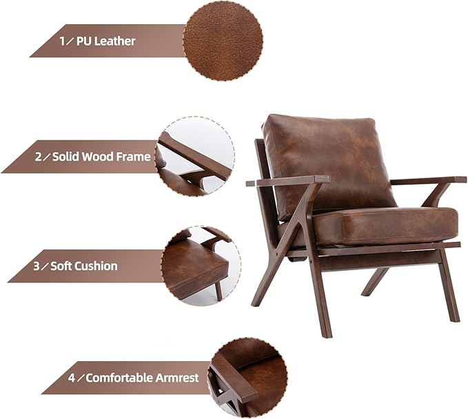 INZOY Mid-Century Modern Accent Chair with Wood Frame, PU Leather Living Room Chair and Soft Thick Padded Armchair for Living Room Bedroom Reception with Removable Upholstered Cushions, Reddish Brown