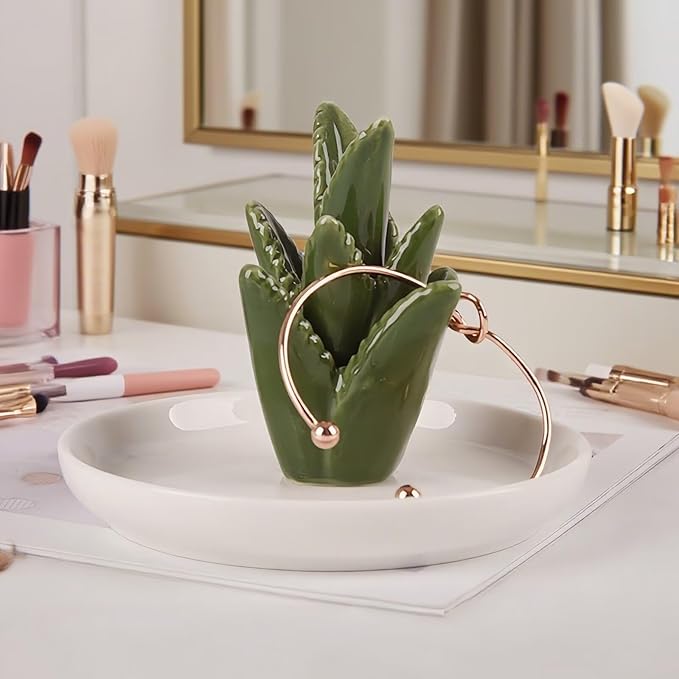 Aloe Ceramic Jewelry Tray, Ring Dish & Trinket Holder - Boho Room & Bathroom Decor for Women, Cute Desk Organizer - Gift for Her, Mom, Sister, Best Friend, Christmas, Birthday
