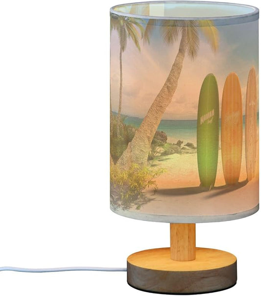 Table Lamp Surfboard Palm Tree Tropical Ocean Beach Nightstand Lamp with Wood Base Fabric Lamp Shade Bedside Desk Lamp for Living Room Bedroom Kids Room Office