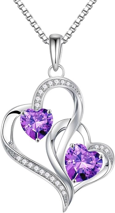 Iefil Christmas Gifts for Women - Double Heart Birthstone Necklace, 925 Sterling Silver Heart Pendant Necklace, Anniversary Birthday Gifts for Women | Personalized Jewelry Gift for Wife Mom Girlfriend