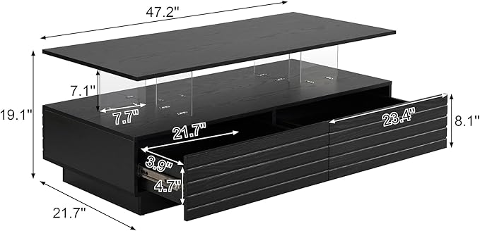 Modern Rectangular LED Coffee Table w/ 2 Storage Drawers, 2-Tier Living Room Center Table w/Adjustable Brightness Multi-Color LED Lights, Cocktail Tea Table w/Open Shelf, Black