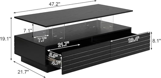 Merax 47.2" Modern Rectangular LED Lights Coffee Table with 2 Drawers, Black