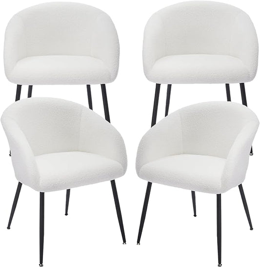 Modern Small Accent Chair Set of 4, Comfy Sherpa Makeup Vanity Chair with Metal Legs, Decorative Dining Chair no Wheels for Living Room, Dressing Room, Bedroom, White