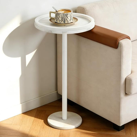 smusei Round Side Table for Small Spaces Small Drink Table with Marble Base Pedestal Side Table with Anti-Fall Guard for Living Room Bedroom, Home Decor, White