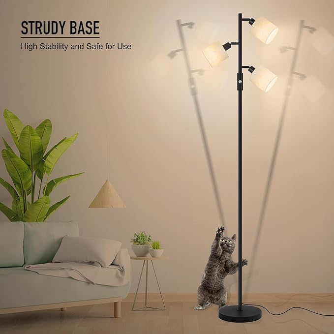 Floor Lamps for Living Room, Standing Lamp, 3-Light Tree Floor Lamp with Lampshade, Reading Floor Lamp with Rotary Switch, 63" Tall Lamp, Modern Pole Lamp for Bedroom Office Kids Room (5W LED Bulbs)