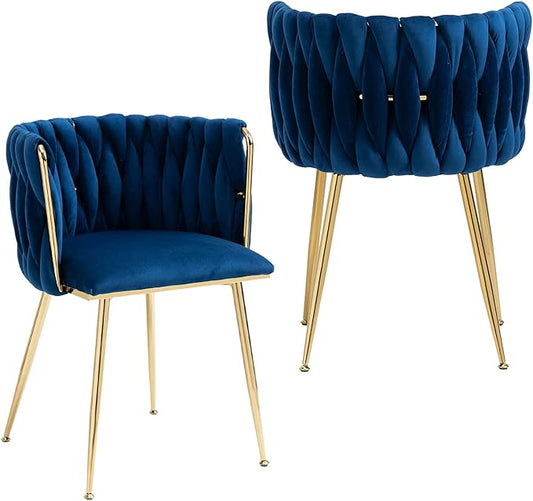 NIOIIKIT Modern Velvet Dining Chairs Hand Weaving Accent Chairs Living Room Chairs Upholstered Side Chair with Golden Metal Legs for Dining Room Kitchen Vanity Living Room (Navy)
