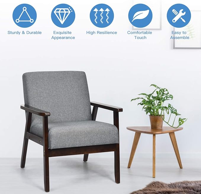 Giantex Mid-Century Modern Accent Chair, Retro Fabric Armchair, Solid Hardwood Made, Upholstered Linen Lounge Arm Chair for Living Room (1, Dark Grey)