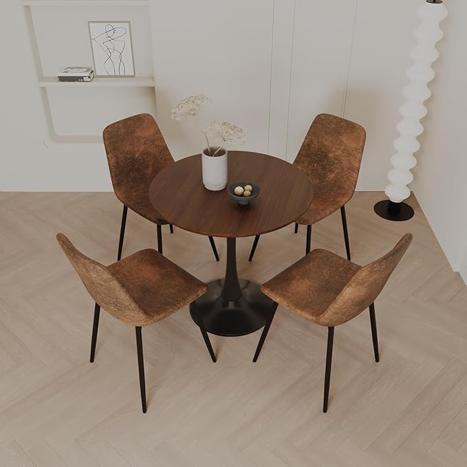 Round Dining Table, Modern Tulip Table, 31.5‘’Mid-Century Round Leisure Table with Metal Base for 2-4 Person, Suitable for Living Room, Kitchen, Cafe and Home Office (Walnut Color)