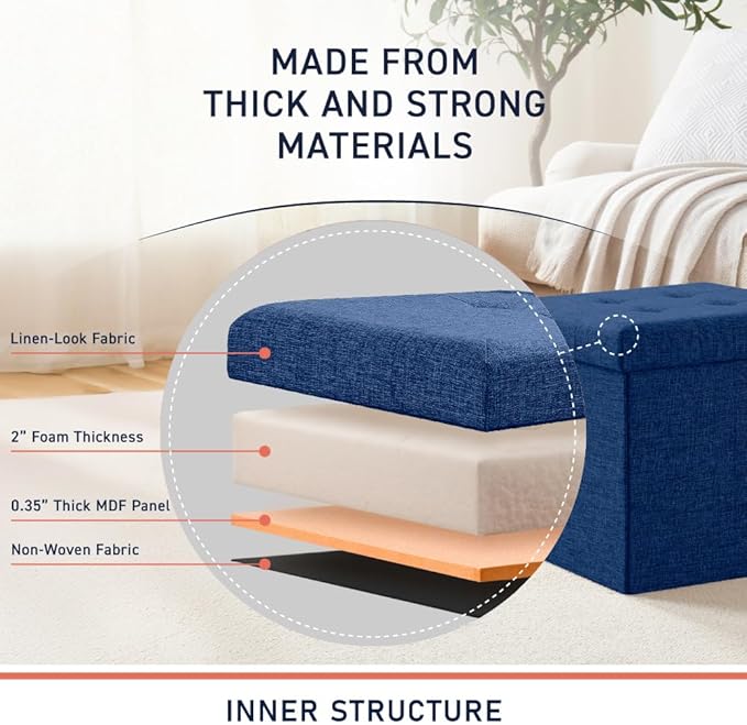 Ornavo Home Foldable Tufted Linen Storage Ottoman Square Cube Foot Rest Stool/Seat - 15" x 15" x 15" (Navy)