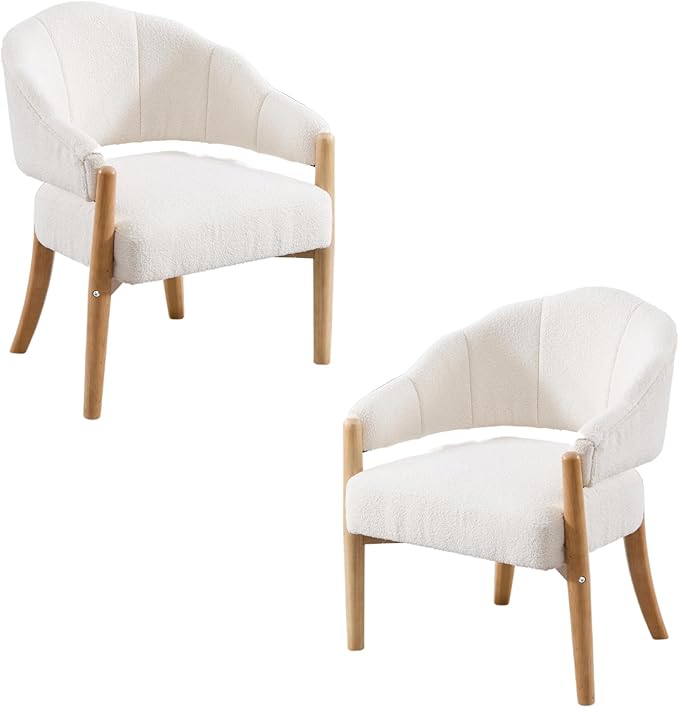 HEAH-YO Modern Accent Chairs Set of 2,Upholstered Sherpa Living Room Chairs,Reception Armchair with Solid Wood Legs,Reading Leisure Chair for Bedroom Makeup Vanity,White