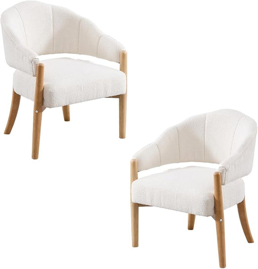 HEAH-YO Modern Accent Chairs Set of 2,Upholstered Sherpa Living Room Chairs,Reception Armchair with Solid Wood Legs,Reading Leisure Chair for Bedroom Makeup Vanity,White