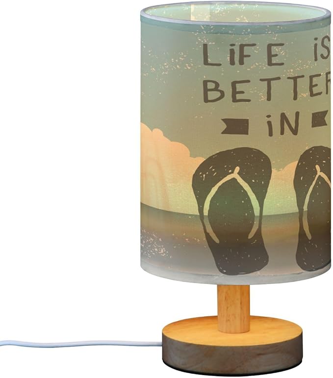 Flip Flop Summer Tropical Ocean Beach Nightstand Desk Lamp with Wood Base Fabric Shade for Living Room Bedroom Kids Room Office
