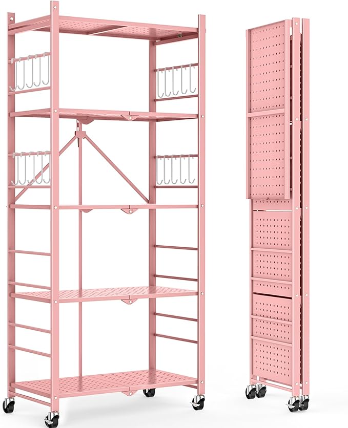 Storage Shelves with 20 Hooks, 5-Tier Foldable Shelves for Storage, Folding Shelf Unit Pantry Shelves with Wheels, Standing Shelving Unit for Kitchen Garage Home Office Room Greenhouse, Pink