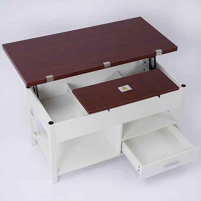 Lift Top Coffee Table with Storage, Convertible Coffee Table Converts to Dining Table, Center Table with Drawer and Hidden Compartment, Farmhouse Coffee Tables with Lifting Top for Living Room, White
