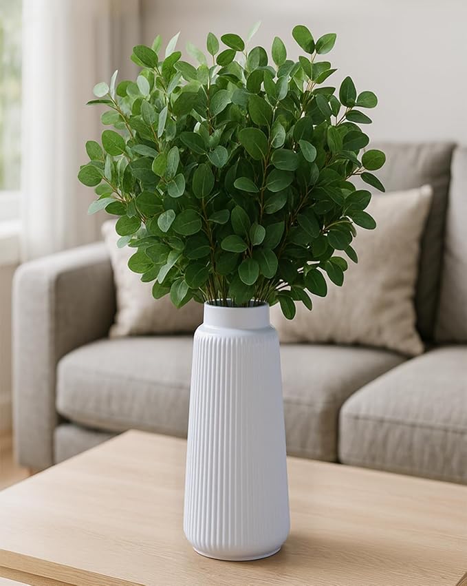 White Ribbed Ceramic Vase – Modern Elegant Flower Vase for Pampas Grass, Fresh or Dried Flowers, Minimalist Farmhouse Home Decor for Living Room, Dining Table, Wedding Centerpiece