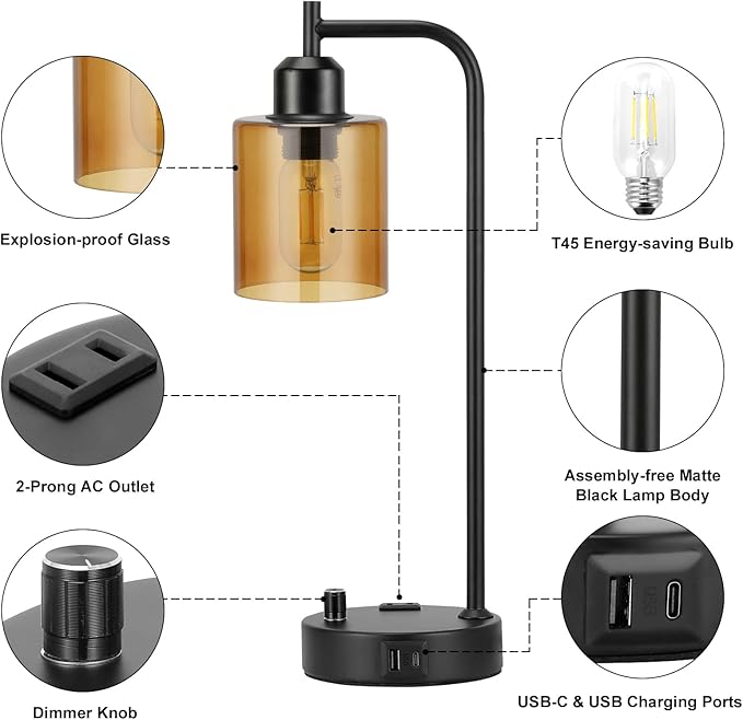 Industrial Bedside Lamps for Nightstand Set of 2 - Fully Dimmable Bedroom Lamps with USB A C Ports and Outlet, Black Table Lamps with Amber Glass Shade for Living Room, Desk Lamps for Office Reading