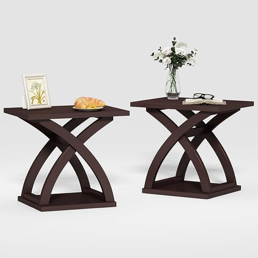 ChooChoo End Side Table Set of 2, Modern End Table with Storage Shelf, X-Design Side Table Living Room (Espresso)