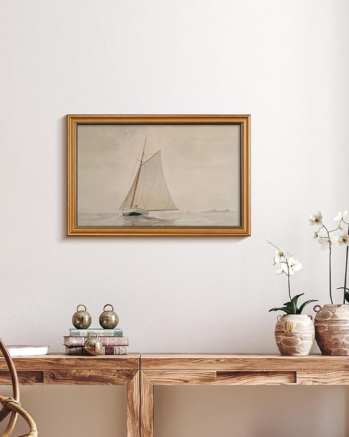 HUARCEY Gold Framed Vintage Wall Art for Living Room, Seaview Painting Prints Shelf Decor for Kitchen, Aesthetic Bedroom Large Wall Art, Gifts for Friends or Family (White Sailboat - 16"x24")
