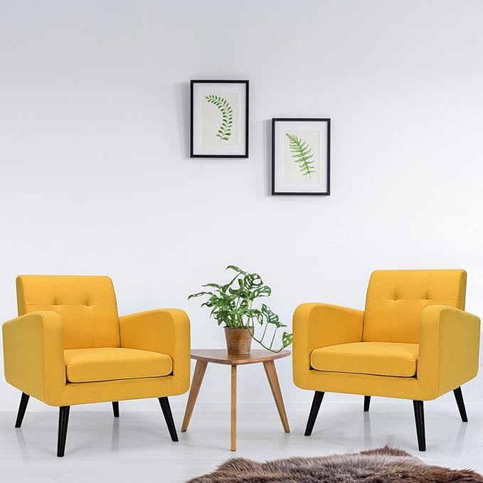 Giantex Upholstered Accent Chair Set of 2, Modern Mid Century Linen Fabric Living Room Chair with Arms, Max Load 265 Lbs, Comfy Tufted Single Sofa for Reading, Bedroom, Office, Club, Yellow