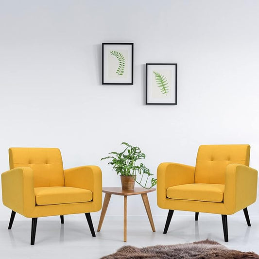 Giantex Upholstered Accent Chair Set of 2, Modern Mid Century Linen Fabric Living Room Chair with Arms, Max Load 265 Lbs, Comfy Tufted Single Sofa for Reading, Bedroom, Office, Club, Yellow
