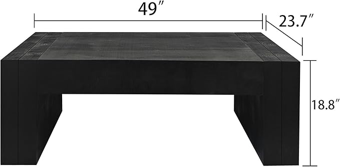 Coffee Table, 49" x 23.7" Rectangular Coffee Table Rustic Side Table Solid Wood Center Table Versatile Tea Table Accent End Table for Living Room Apartment, Black