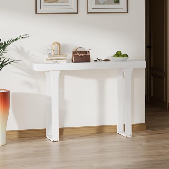 Bamboo 47.2" Narrow Console Table, Farmhouse Side Table, Wood Entryway Table, Modern Sofa Table Behind Couch with Storage Shelves for Entrance, Living Room, Hallway, Foyer (White)