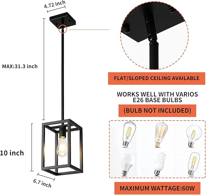 Kitchen Black Pendant Lighting Chandeliers for Dining Rooms, Mini Pendant Lights 1-Light Modern Hanging Light Fixture Matte Black Industrial for Kitchen Island