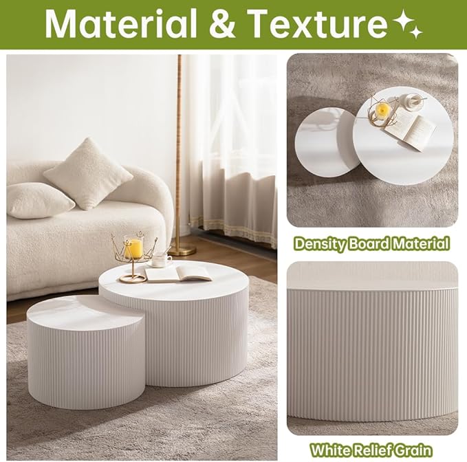 Round Nesting Coffee Table Set of 2 Small Round Coffee Tables for Living Room Modern Fluted Coffee Table Circular End Table Side Table for Small Spaces No Assembly (White A, 27 in)