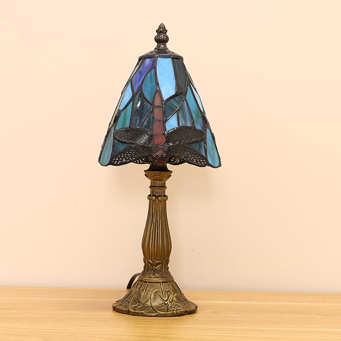 Tiffany Small Lamp Blue Dragonfly Stained Glass Bedside Nightstand Table Lamp,3-Way Color Temperature Handcrafted Lamps for Living Room Bedroom+ LED Bulb,Gifts for Home Decor,6X6X13Inch