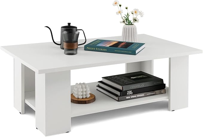 Tangkula 2-Tier Coffee Table, Modern Rectangular Center Cocktail Table with 5 Support Legs, Wooden Accent Living Room Furniture, Small Coffee Table for Small Spaces, Easy Assembly (White)