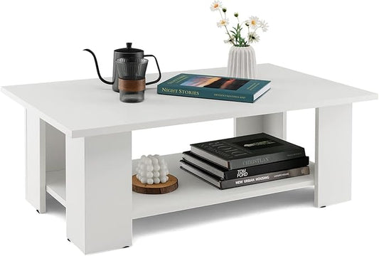 Tangkula 2-Tier Coffee Table, Modern Rectangular Center Cocktail Table with 5 Support Legs, Wooden Accent Living Room Furniture, Small Coffee Table for Small Spaces, Easy Assembly (White)