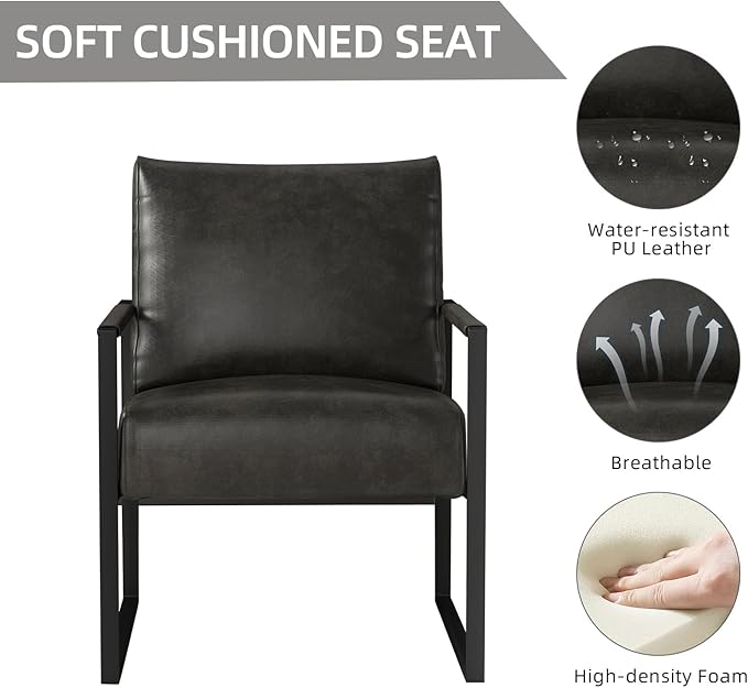 INZOY Leather Accent Chair with Metal Frame Set of 2, Comfy Living Room Chair with Plump Backrest and Cushion, Mid Century Modern Chair with Sturdy Structure, Easy to Clean, Dark Grey