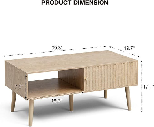 Coffee Table with Storage, Boho Dining Table with Sliding Fluted Door and Solid Wood Legs, Small Coffee Tables for Living Room, Oak