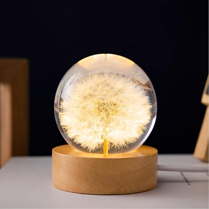 Flower Crystal Ball Night Light,2.4 inch Glass Ball Night Lamp with Woodern Base (Dandelion)