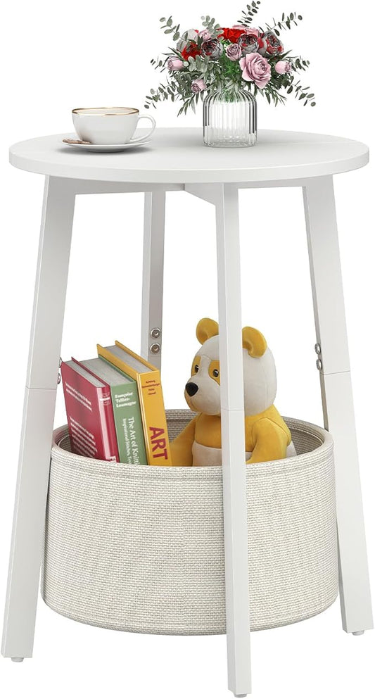 Small Round Side End Table with Cloth Storage Basket, Round Bedside Sofa Couch Coffee Tables for Small Places with Metal Frame, Modern Nighstands for Living Room Bedroom,White