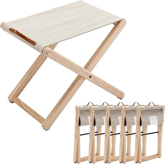 Folding Camping Stools Set of 6, Canvas Folding Stool with Wood Legs Portable Camp Stool Chairs for Outdoor Fishing Picnic Travel BBQ, Beige