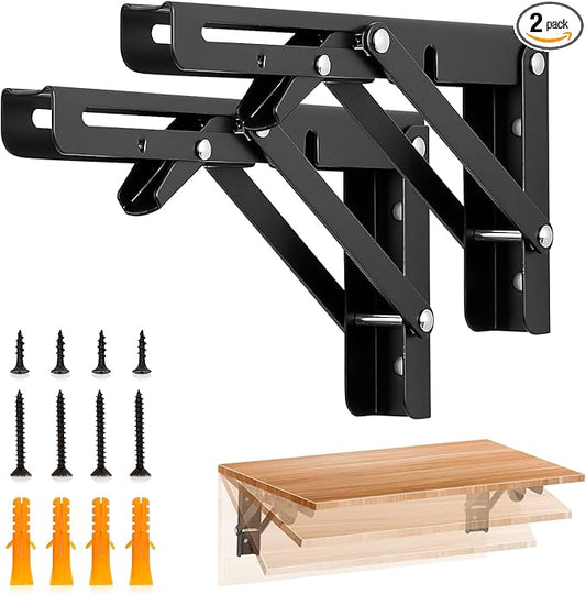 JOY DECOR 8 Inch Heavy Duty Folding Shelf Brackets, 2 Pack (1 Pair) Collapsible Wall Mounted Brackets for Fold Down Table, Stainless Steel Folding Table Hinge, Matte Black