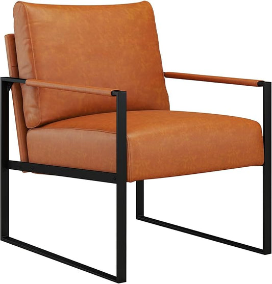 CANMOV Mid Century Modern Accent Chair, PU Leather Armchair with Metal Frame,Comfy Single Reading Chair with Soft Padded Backrest and Cushion for Living Room, Bedroom,Reading Room,Office,Brown