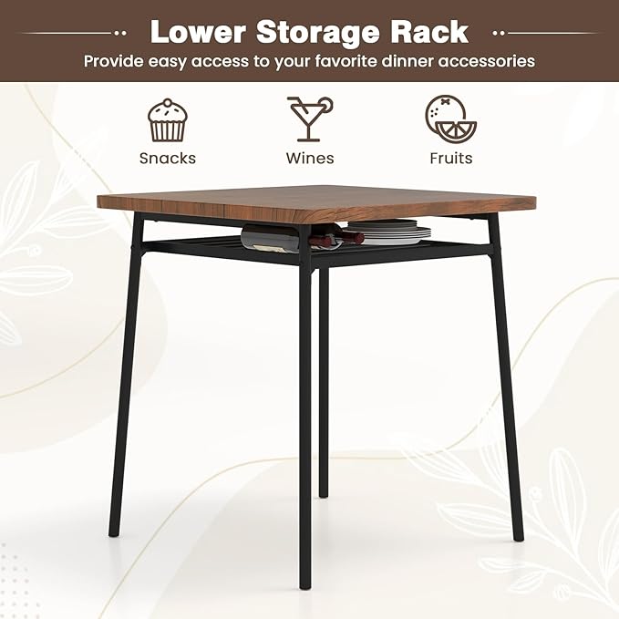 GOFLAME 3-Piece Dining Table Set for 2, Wood Square Kitchen Table & Chairs Set with Metal Frame, Storage Rack, Space-Saving Industrial Dinette Set for Dining Room, Living Room, Breakfast Nook