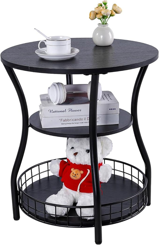 Round Side Table, 3-Tier Accent End Table with Storage Shelf, Corner Sofa Beside Table for Small Spaces,Nightstand with Metal Frame for Living Room, Bedroom (Black)
