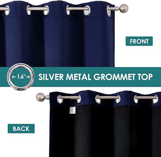 ChrisDowa 100% Blackout Curtains 63 inch Long for Bedroom with Black Liner, Extra Wide 2 Thick Layers Total Blackout Thermal Insulated Grommet Window Curtains 2 Panels Set (Navy Blue, 60 x 63 Inch)