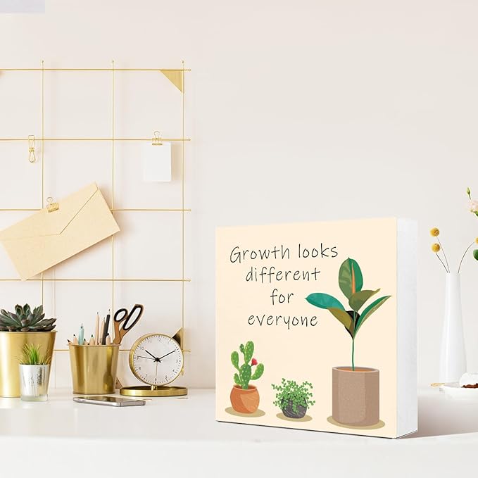 LVQHI Inspirational Wood Block Sign,Growth Looks Different for Everyone Plant Motivational Wooden Block Sign for Home Bedroom Office Desk Table Decor,Inspirational Cheer Up Gift Red