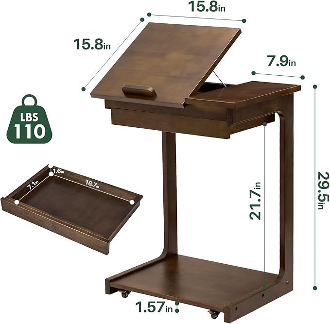 Wood Side Table for Couch - C Shaped Rolling End Table with Wheels Drawer, Wooden Modern Tv Tray Bedside Tables for Sofa Armchair Living Room Bedroom, Black Walnut, 15.4 in x 23.6 in x 24.8 in
