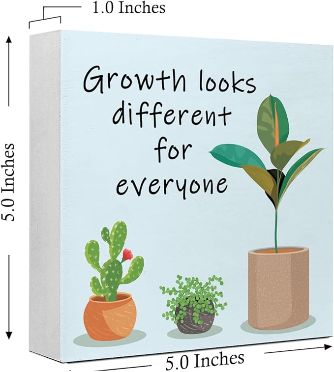 LVQHI Inspirational Wood Block Sign,Growth Looks Different for Everyone Plant Motivational Wooden Block Sign for Home Bedroom Office Desk Table Decor,Inspirational Cheer Up Gift for Coworker Blue-2